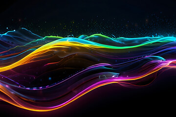 Wave splash of neon light water with dark background