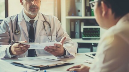 Obraz premium A doctor consulting with a patient in a modern clinic, reviewing medical records on a tablet while the patient describes their symptoms
