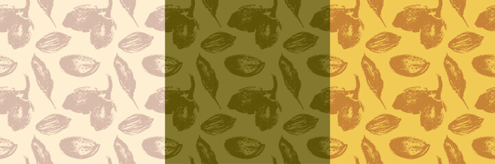 Vector almond pattern seamless with hand-drawn illustrations of almond nuts for web banner, oil packaging or marzipan paste label design. Floral sketches background, almond ornament. Natural product.