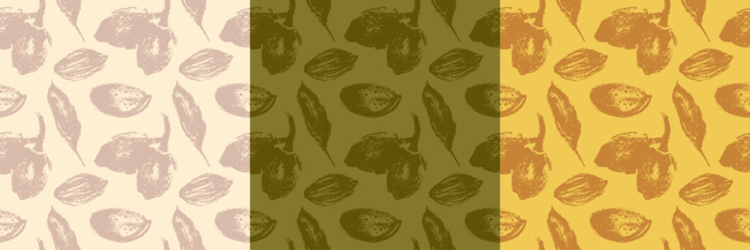 Vector almond pattern seamless with hand-drawn illustrations of almond nuts for web banner, oil packaging or marzipan paste label design. Floral sketches background, almond ornament. Natural product.