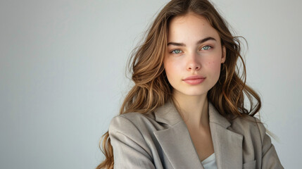 Obraz premium Young lady in a business-appropriate outfit, standing confidently in a studio setting