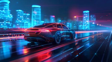 Fototapeta premium Autonomous electric car driving through a smart city, highlighting the advancements in transportation and urban living.