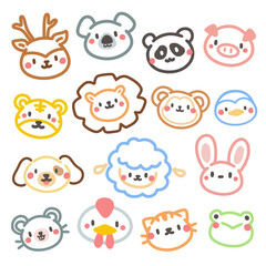 Cute doodle hand drawn kids set. Colorful element of cat, panda, monkey, bunny, dog, pig, frog and lion.