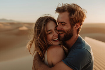 A man and a woman embrace in the desert under the vast sky. Generative AI