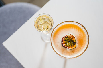 Glass of porn star martini cocktail on table