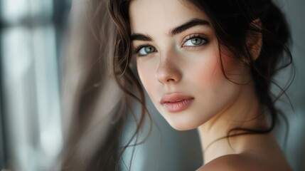 Fototapeta premium An exquisite portrait captures the beauty of a young brunette adorned in delicate evening makeup, her gentle gaze reflecting kindness and sophistication. 