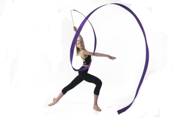 young gymnast in a photo studio shows the elements of exercises with a ribbon, doing stretching and rotating it, 
isolated on transparent background, png