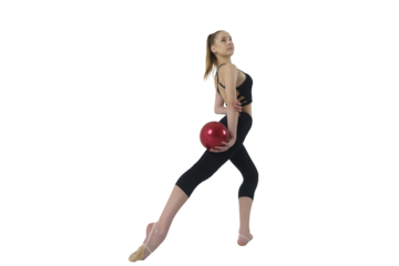 young gymnast in a photo studio shows the elements of exercises with a ball, 
isolated on transparent background, png