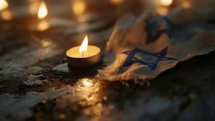A candle is lit on a table next to a piece of cloth with a star and a flag - Powered by Adobe