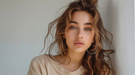 Young stylish woman in a beige casual wear, posing against a white background with a glamorous look