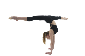 young gymnast in a photo studio shows stretching while doing splits while standing on her hands, 
isolated on transparent background, png