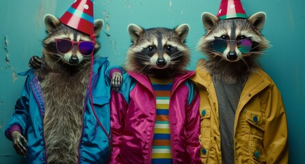 Group of raccoons in funky Wacky wild mismatch colorful outfits isolated on bright background	