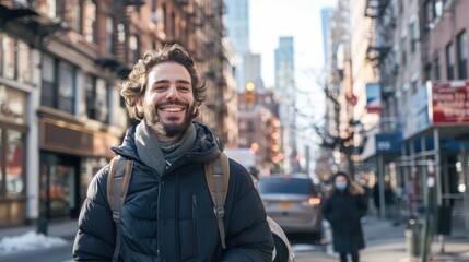 A smiling man walks briskly through the city streets, radiating positivity and vitality with every step.