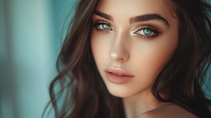Fototapeta premium A striking portrait showcases the beauty of a young brunette, her flawless evening makeup enhancing her features as she gazes with gentle kindness at the viewer. 