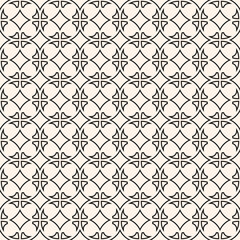 Vector geometric seamless pattern in arabic style. Monochrome delicate oriental ornament. Abstract outline background with floral shapes, lattice, grid. Repeated black and white decorative design