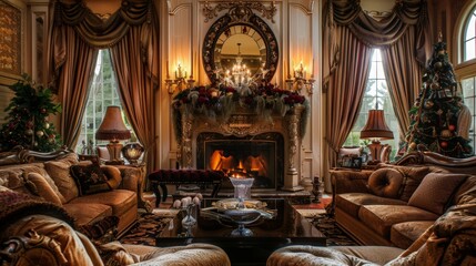 Fototapeta premium A luxurious living room with velvet sofas, crystal chandeliers, gold-accented decor, and floor-to-ceiling windows overlooking a serene garden