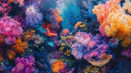 An electric blue painting of a coral reef with vibrant sponges and corals, showcasing the beauty of marine organisms through art and entertainment AIG50