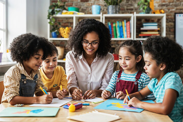 Fototapeta premium Children and Teacher collaborate on colorful projects,art-focused activity together,classroom creativity