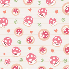 Kawaii Cute Seamless Pattern with Red Mushroom on Soft Background