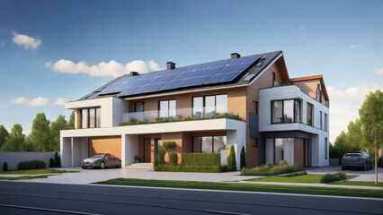Obraz premium Modern house with solar panels on the roof 