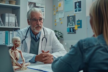 A senior doctor discussing treatment options with a patient, both sitting at a desk with medical charts and anatomical models visible