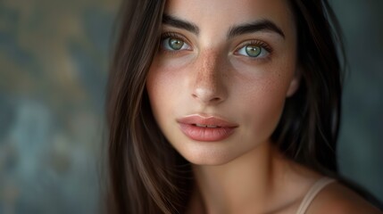 Obraz premium Beauty meets grace in a portrait of a young brunette, her delicate evening makeup accentuating her features as she gazes kindly at the viewer. 