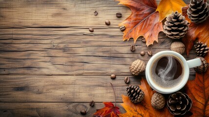 Autumn scene featuring a steaming cup of coffee on a rustic wooden table - Powered by Adobe