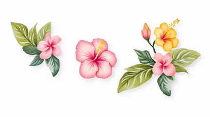 Set of vintage tropical Hawaiian flower watercolor illustration