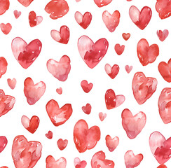 Illustration all-over de coeurs à l'aquarelle, représentation amoureuse poétique rouge et colorée, saint valentin et romantisme