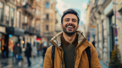 Fototapeta premium A delighted man walks with purpose through the city streets, his buoyant spirit evident in his beaming smile and lively gait. 