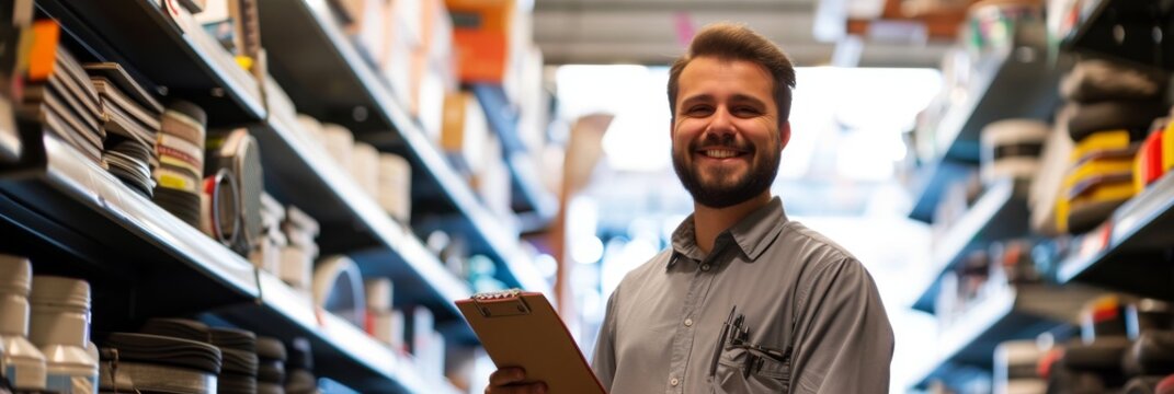 Cheerful salesman in an auto parts store, with a notebook in hand