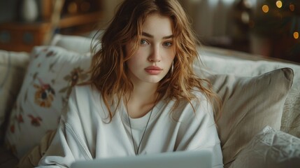 Tranquil Young Woman Using Laptop at Home with Cozy Lighting. Generative ai