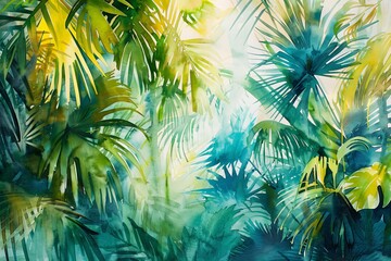 A tropical-inspired watercolor texture with vibrant greens, blues, and yellows, evoking the lush landscapes of a jungle paradise