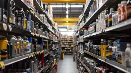 Shelves stocked with automotive consumables like coolant