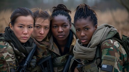 Multiracial Female Soldiers in Combat Uniforms Standing Together in Field. Generative ai
