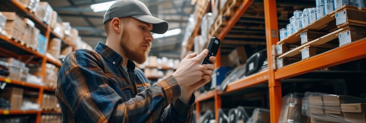 Worker scanning barcodes on automotive spare parts with a handheld scanner, ensuring accurate inventory management in the warehouse