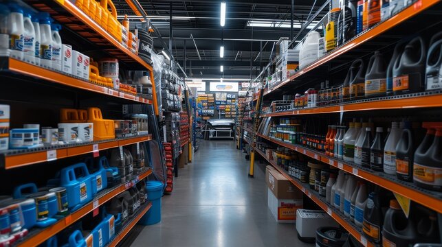 Modern auto parts store featuring a wide selection of tools and consumables such as engine oil