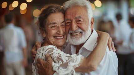 Joyful Senior Couple Embracing and Smiling at a Party. Happy people celebrating their wedding anniversary. Generative ai