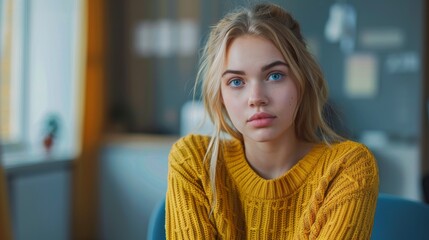 Thoughtful Young Woman Wearing Yellow Sweater in Office Setting. Generative ai