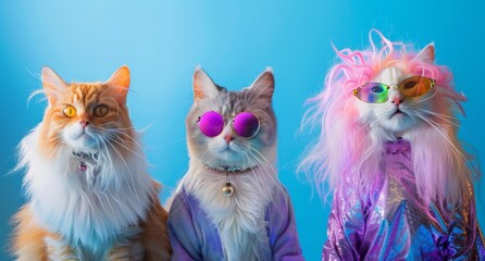 Group of cats in funky Wacky wild mismatch colorful outfits isolated on bright background	