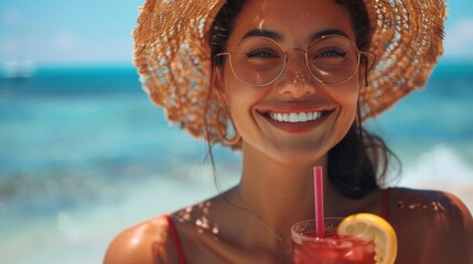 Smiling Woman in Sunglasses Holding a Cocktail on Sunny Beach. Generative ai