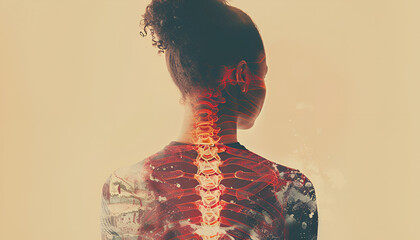 Woman with healthy back on beige background, closeup