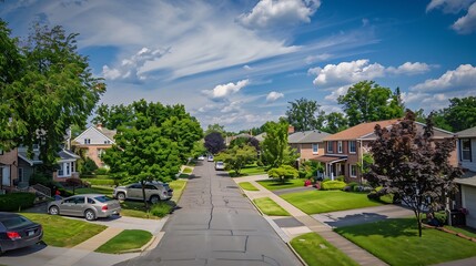 Tranquil Suburban Serenity: Capturing the Charm of Neighborhood Living in a Perfectly Manicured Setting, Inviting Peaceful Reflection and Community Connection