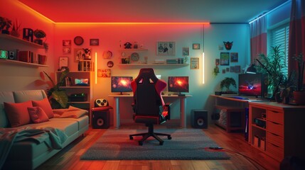 Futuristic Gaming Setup in Cozy Room with Colorful LED Lighting. Generative ai