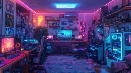 Vibrant Home Office with Neon Lights and Multiple Computer Screens. Generative ai