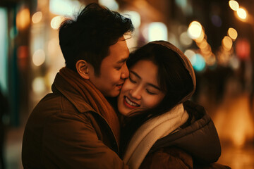 A man is kissing a woman on the cheek. Generative AI