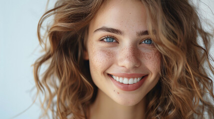 Cheerful young woman with long hair smiling naturally, isolated on a white background