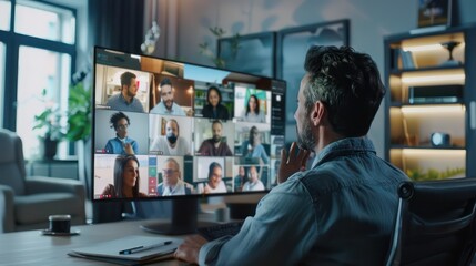 Obraz premium A virtual team meeting in progress, with participants engaged in discussion and collaboration via video call. 