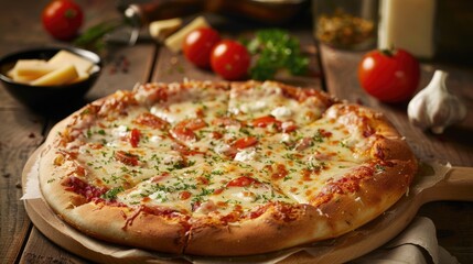 A delicious pizza with a crispy crust, topped with melted cheese, fresh tomatoes, and basil. AIG51A. - Powered by Adobe
