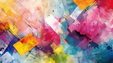 An abstract watercolor texture with bold splashes of vibrant colors, including deep blues, fiery reds, and bright yellows, creating a dynamic composition